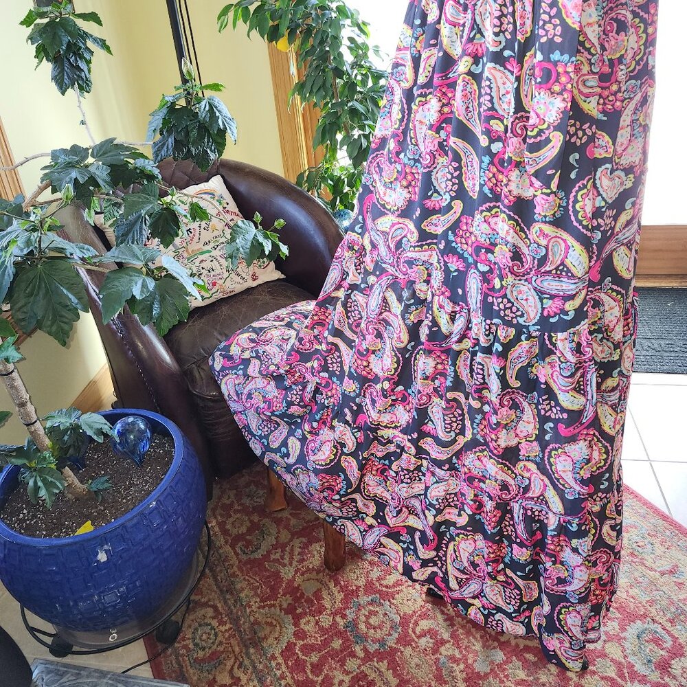 Emily Wonder Black Paisley Ruffle Dress Maxi  Boho size L - Picture 8 of 14